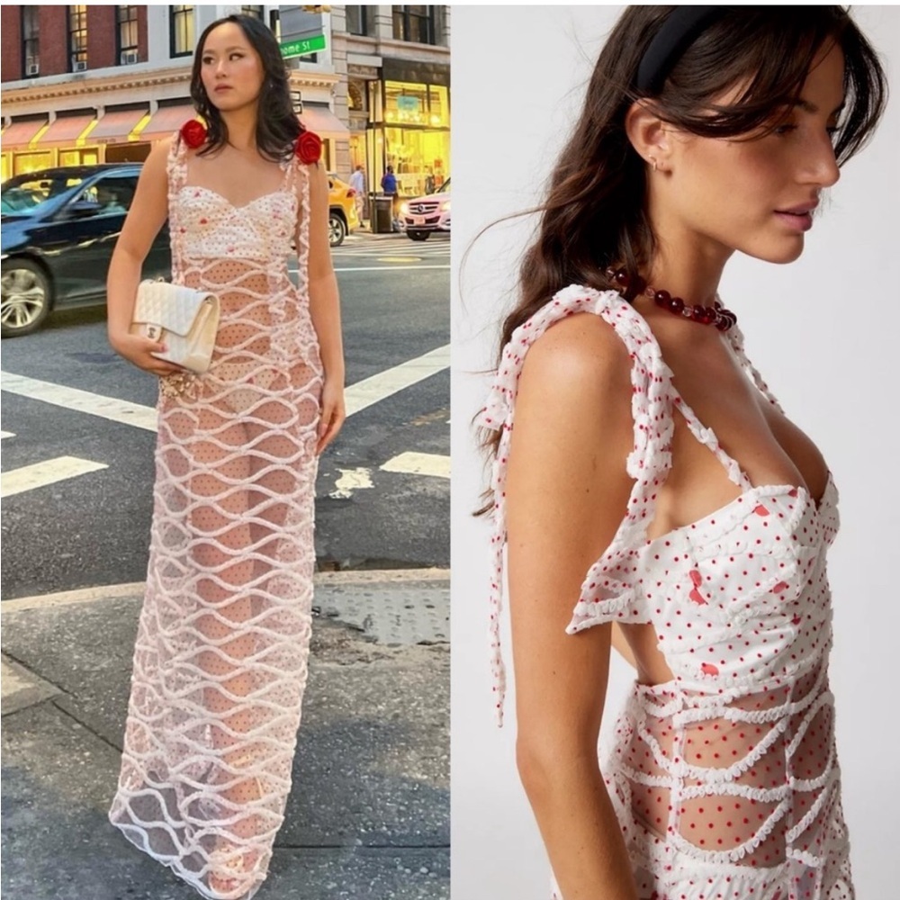 For Love & Lemons White and Red Polka Dot Maxi Dress